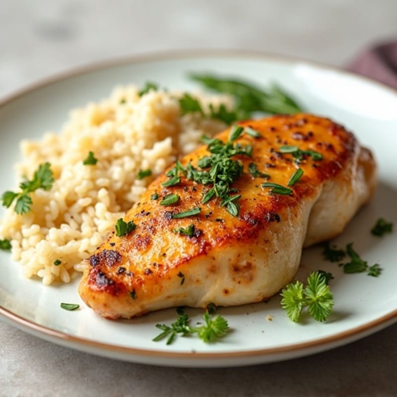 Herb-Roasted Chicken Breast with Garlic Rice Pilaf
