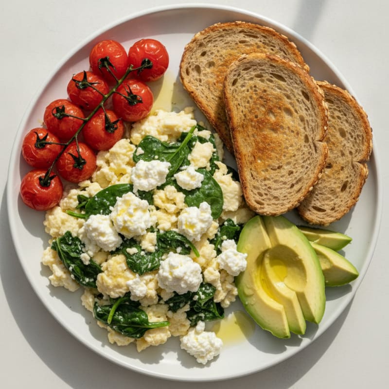 Egg White and Spinach Scramble with Cottage Cheese and Cherry Tomatoes
