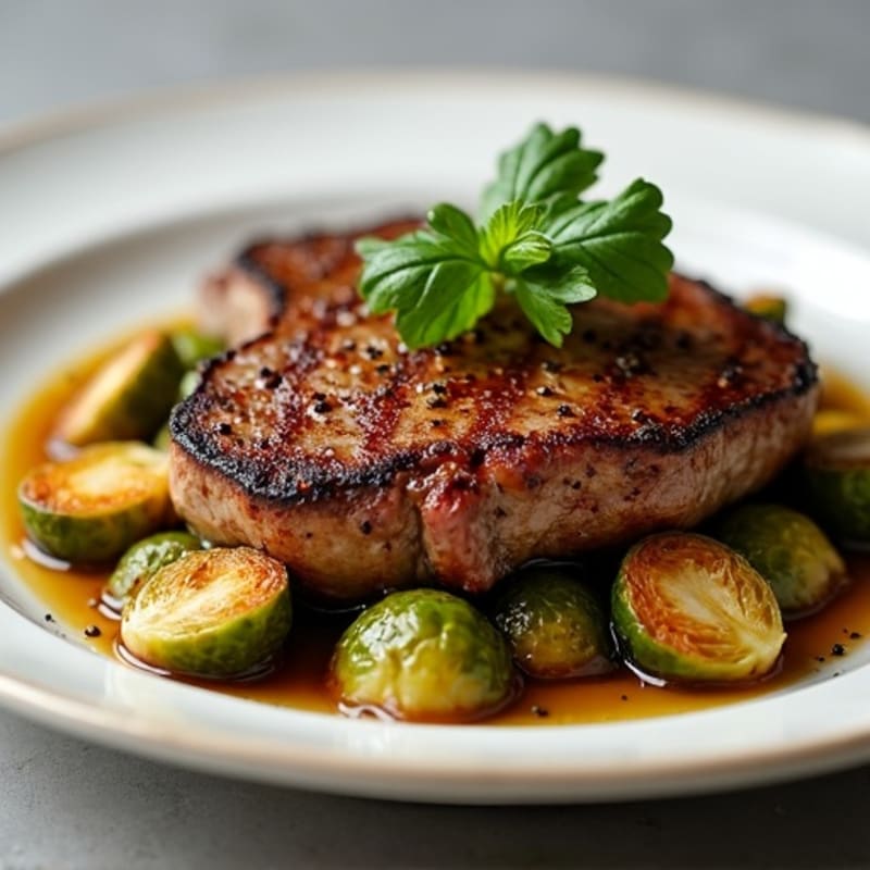 Juicy Pan-Seared Steak with Crispy Roasted Brussels Sprouts