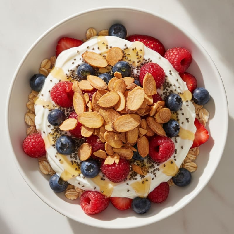 Creamy Greek Yogurt Parfait with Mixed Berries, Chia Seeds, and Toasted Almonds
