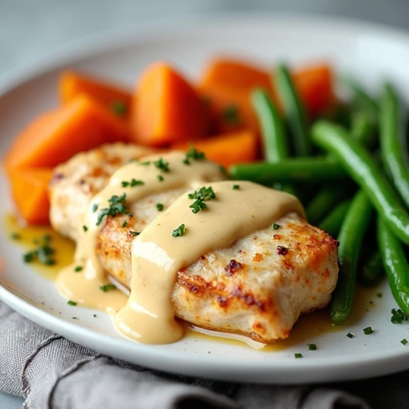 Creamy Tahini Chicken with Roasted Sweet Potatoes and Green Beans