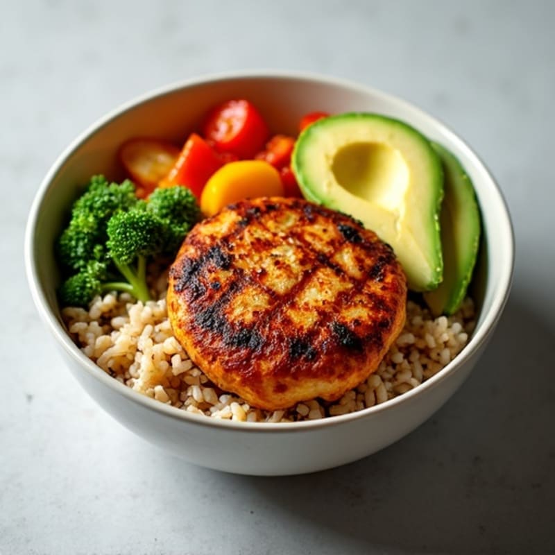Grilled Fake Chicken with Roasted Vegetable Rice Bowl