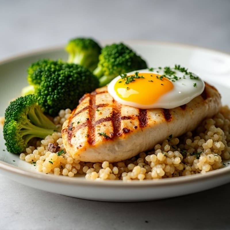 Grilled Chicken Breast with Roasted Broccoli, Quinoa, and Poached Egg
