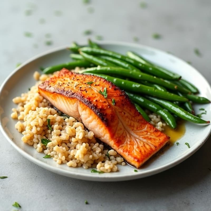 Seared Salmon with Garlic Green Beans and Brown Rice