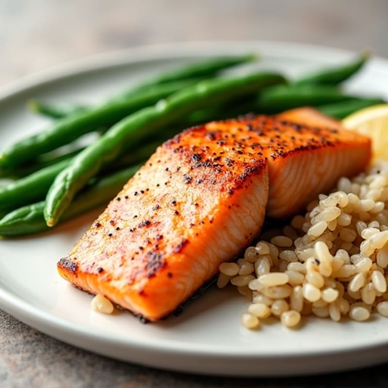 Seared Salmon with Steamed Green Beans and Brown Rice