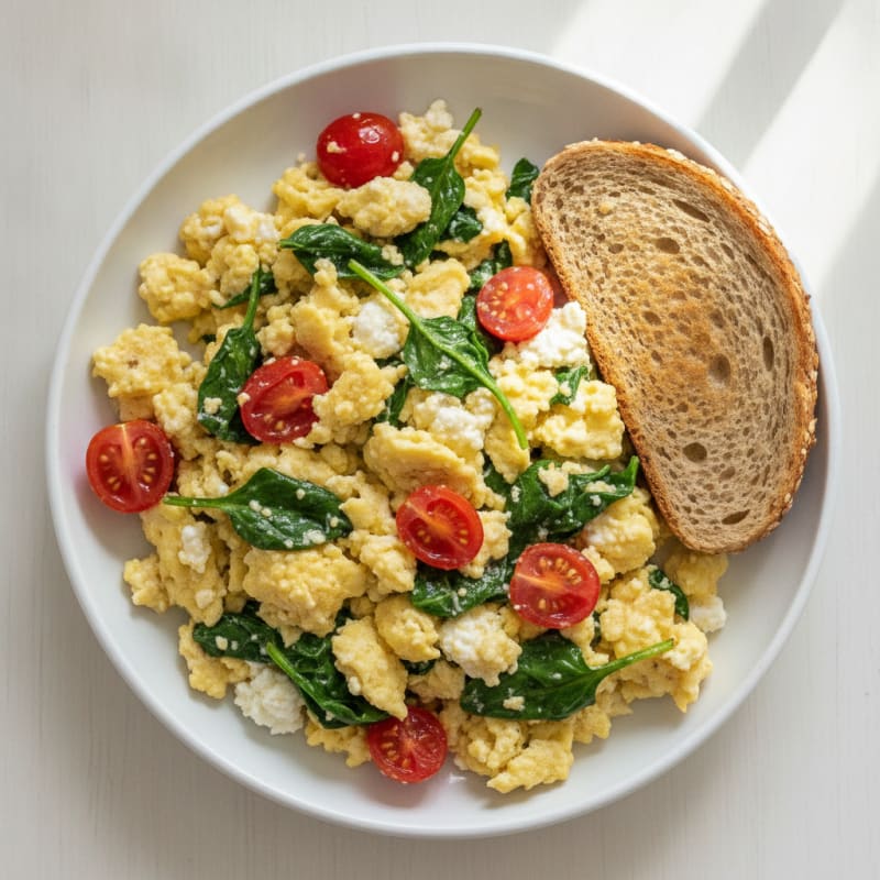 Cottage Cheese Egg Scramble with Spinach and Cherry Tomatoes