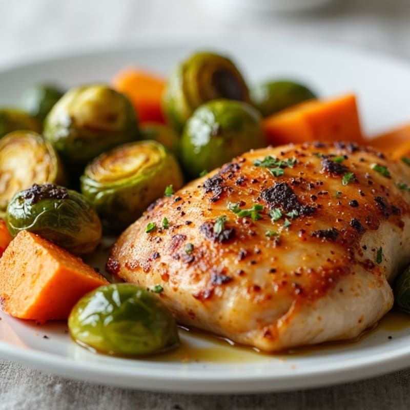 Herb-Roasted Chicken with Crispy Brussels Sprouts and Sweet Potatoes