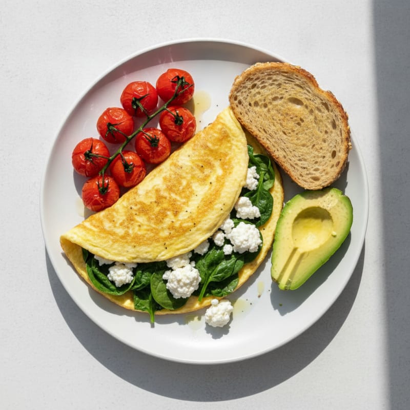 Egg White Spinach Omelette with Cottage Cheese and Cherry Tomatoes