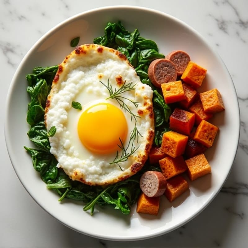 Egg White and Turkey Sausage Scramble with Spinach and Roasted Sweet Potato