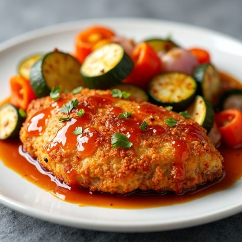 Crispy Baked Chicken with Sweet and Sour Sauce and Roasted Vegetables