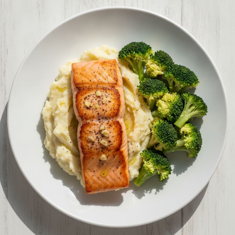 Seared Salmon with Steamed Broccoli and Garlic Mashed Potatoes