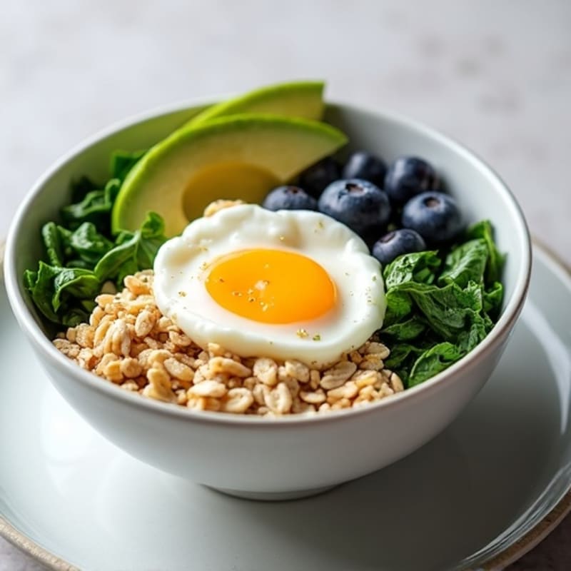 Fluffy Egg White Oat Bowl with Avocado-Blueberry Spinach