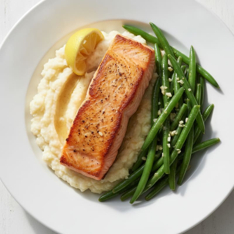 Seared Salmon with Garlic Green Beans and Cauliflower Mash
