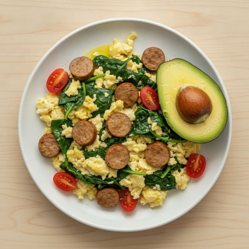 Egg White and Spinach Scramble with Lean Turkey Sausage