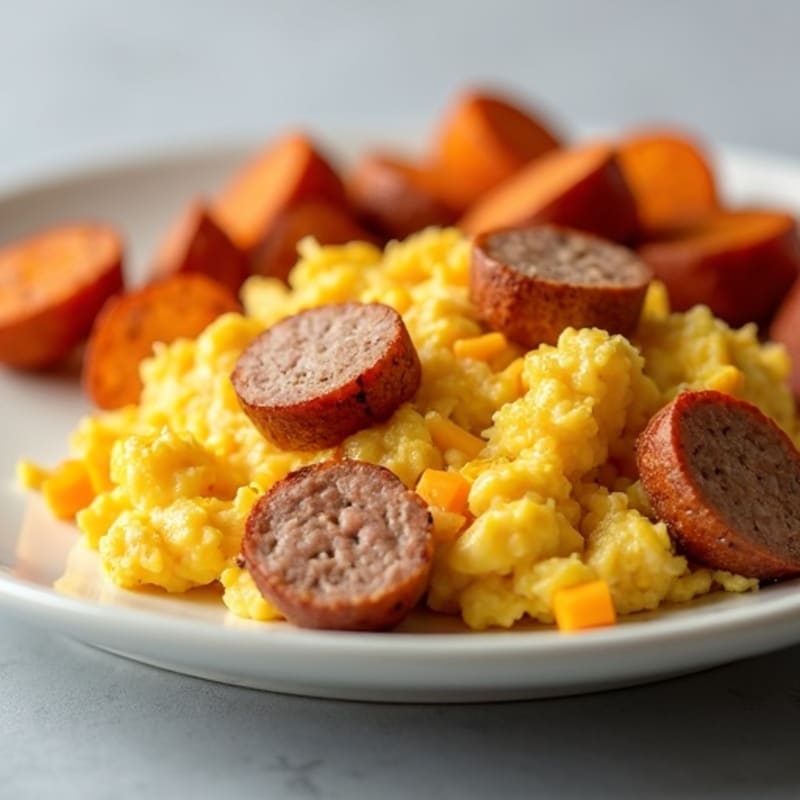 Egg White and Turkey Sausage Scramble with Cheddar and Roasted Sweet Potatoes