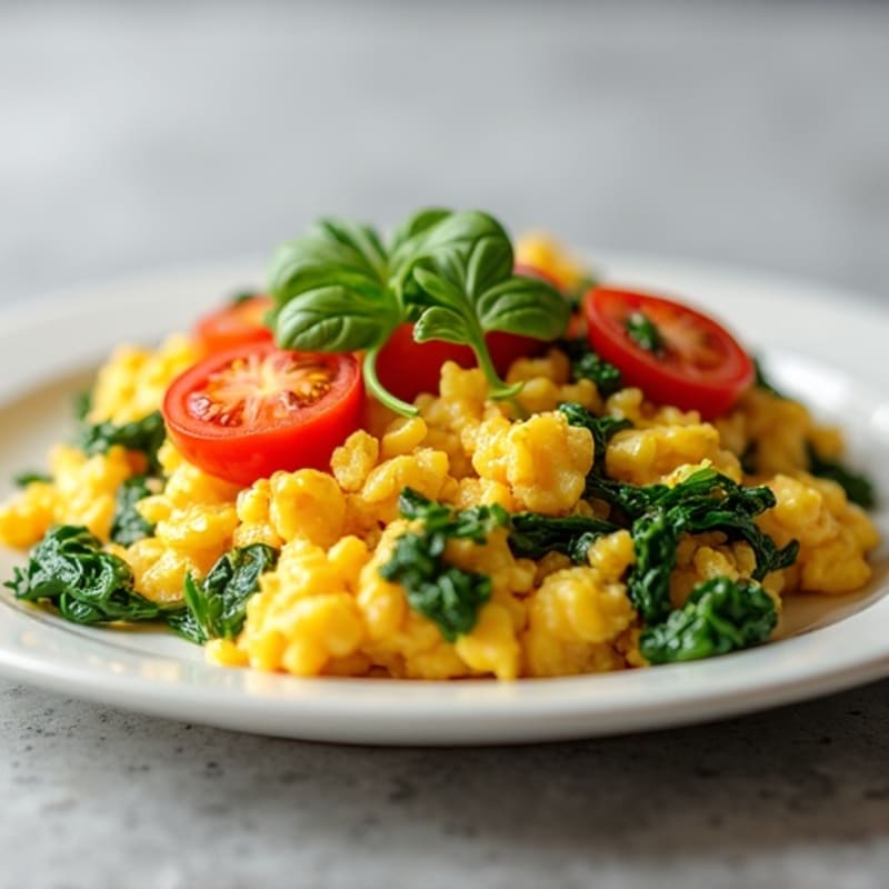 Fluffy Scrambled Eggs with Fresh Spinach and Cherry Tomatoes