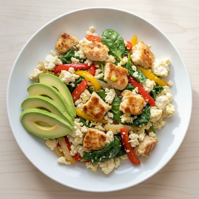 Egg White and Chicken Veggie Scramble with Spinach and Bell Peppers