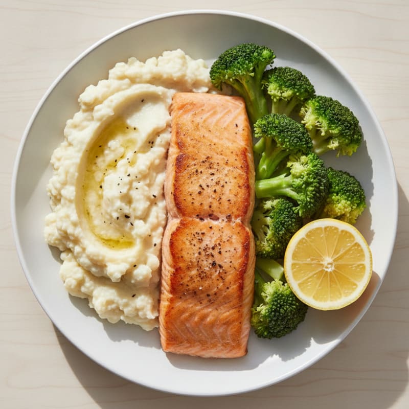 Seared Salmon Filet with Steamed Broccoli and Garlic Mashed Cauliflower