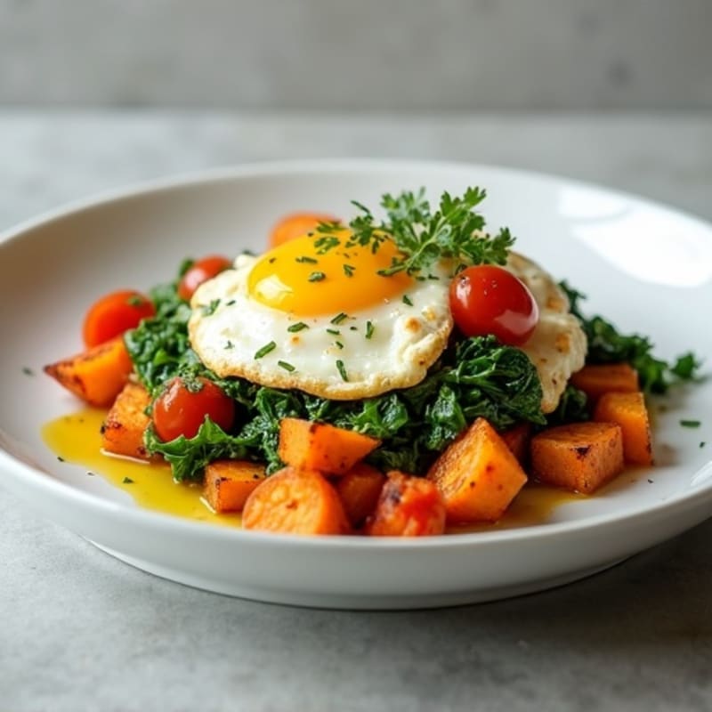Egg White and Chicken Spinach Scramble with Roasted Sweet Potatoes