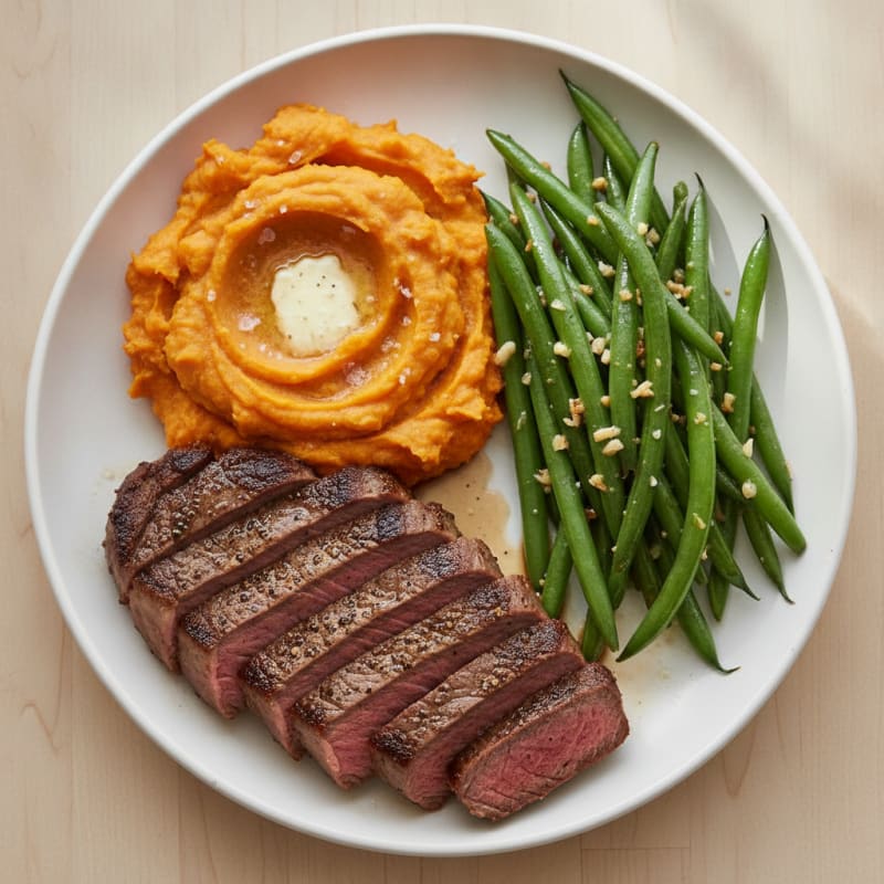 Seared Lean Beef with Steamed Green Beans and Mashed Sweet Potato