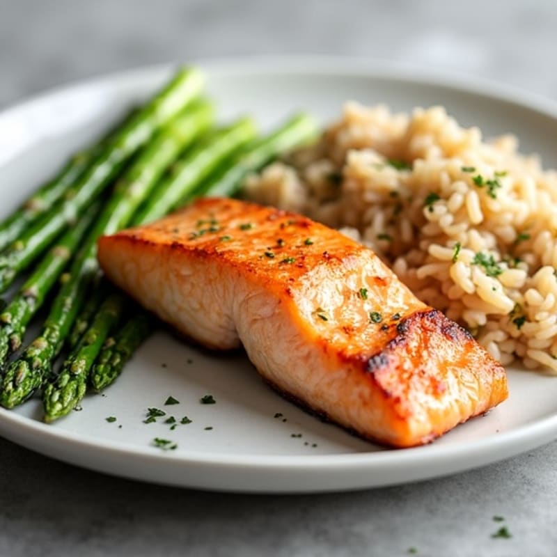 Seared Salmon with Steamed Asparagus and Brown Rice