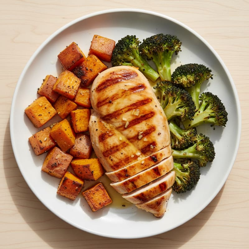 Grilled Lemon-Garlic Chicken Breast with Roasted Sweet Potato and Broccoli