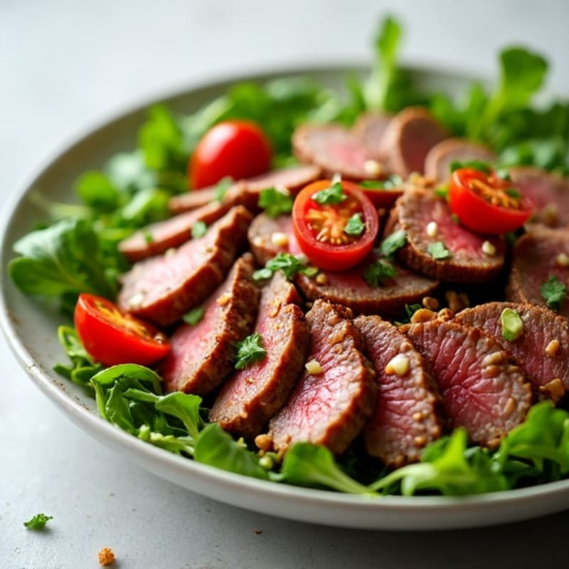 Garlic-Soy Marinated Thinly Sliced Beef with Fresh Greens