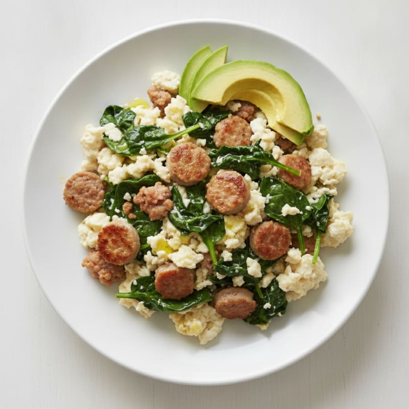 Egg White Scramble with Turkey Sausage and Sautéed Spinach