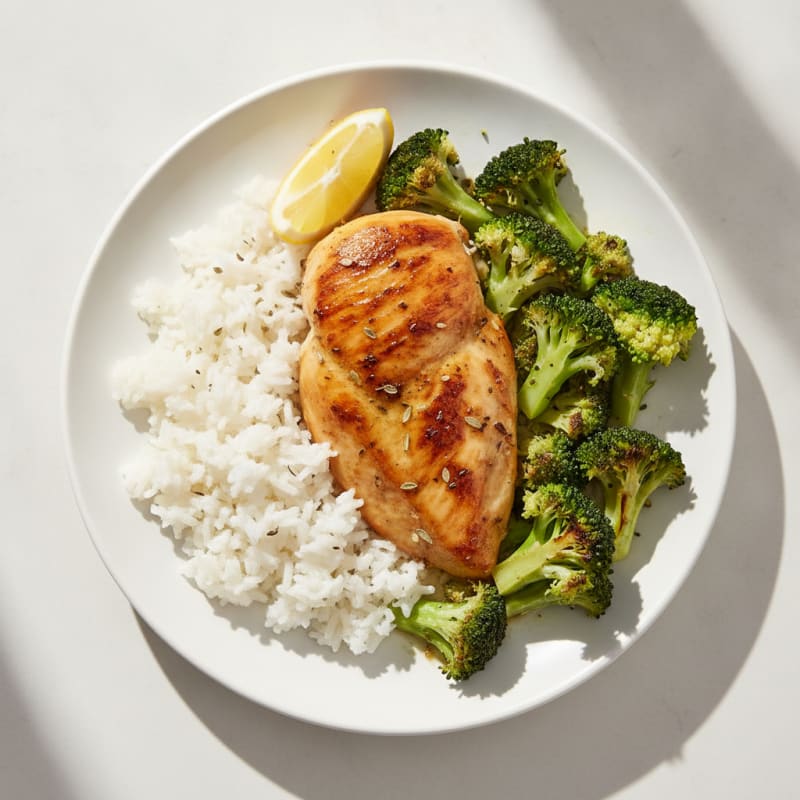 Herb-Roasted Chicken Breast with Steamed Rice and Broccoli