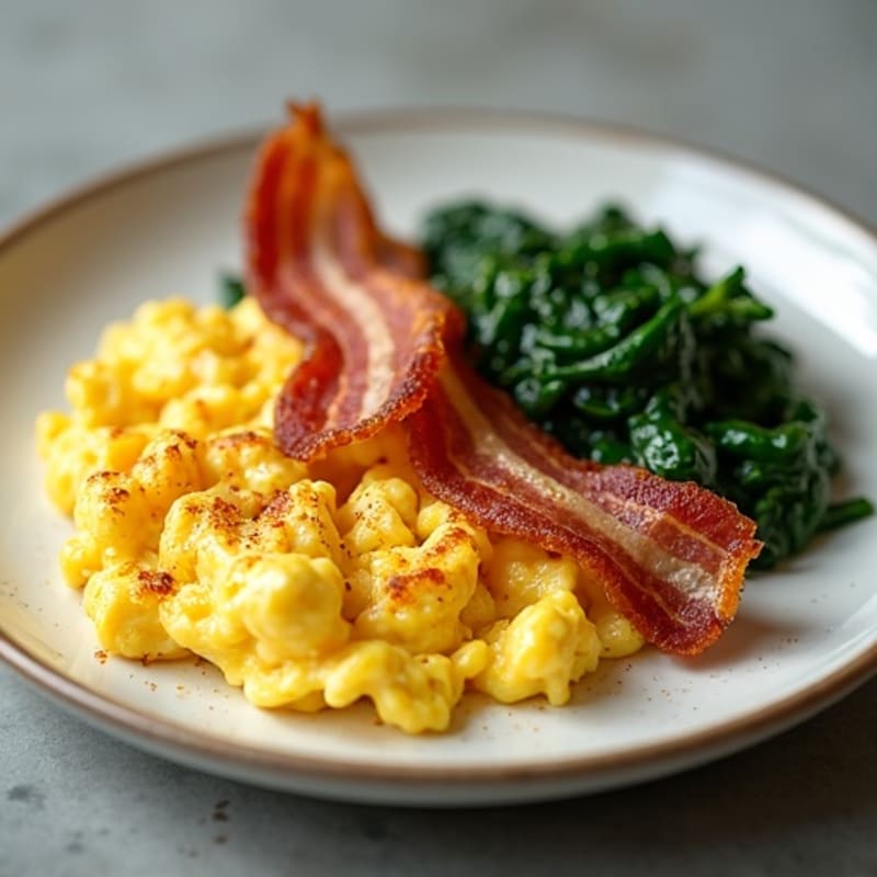 Fluffy Scrambled Eggs with Crispy Turkey Bacon and Sautéed Spinach