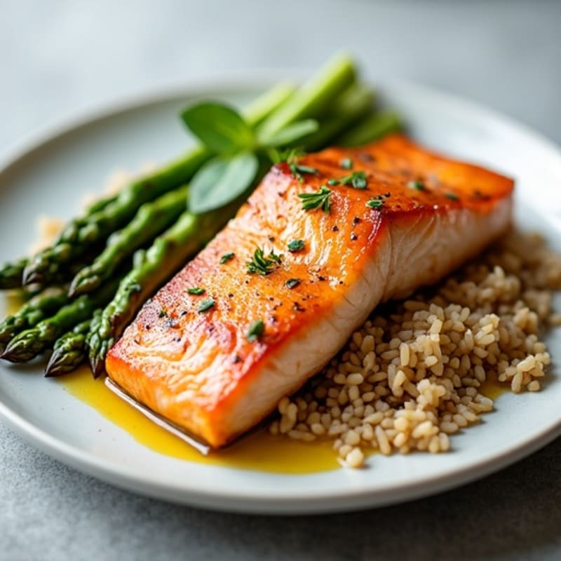 Seared Salmon Fillet with Steamed Asparagus and Brown Rice