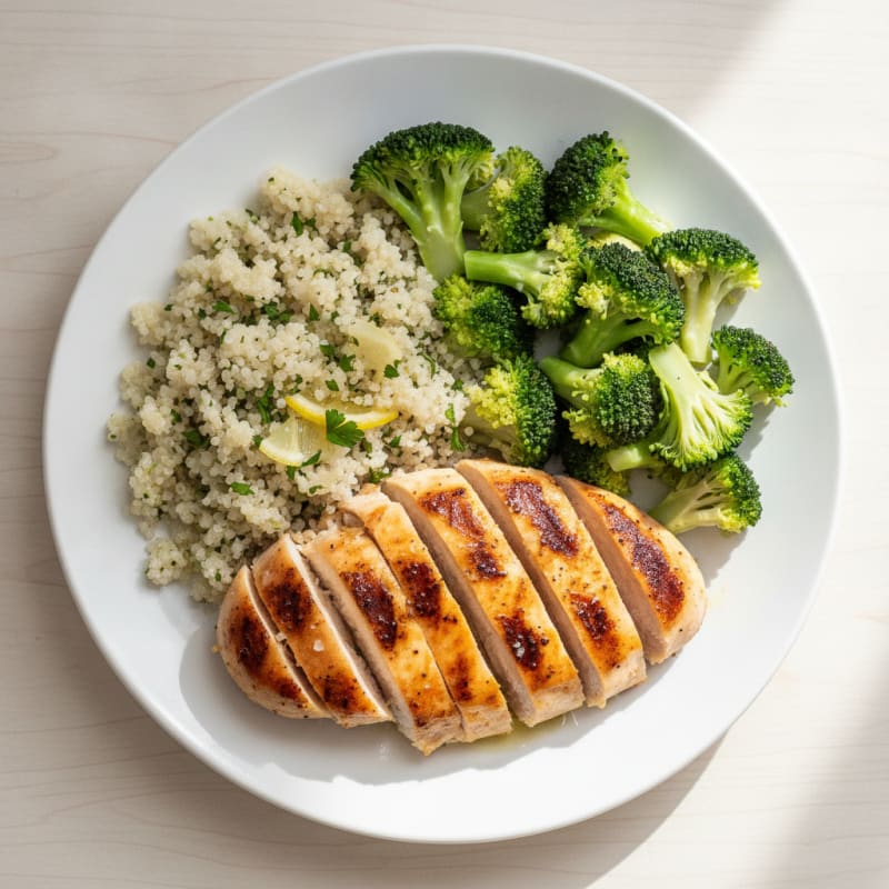 Grilled Chicken Breast with Quinoa and Steamed Broccoli