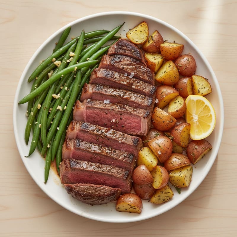 Seared Steak with Sautéed Green Beans and Roasted Potatoes