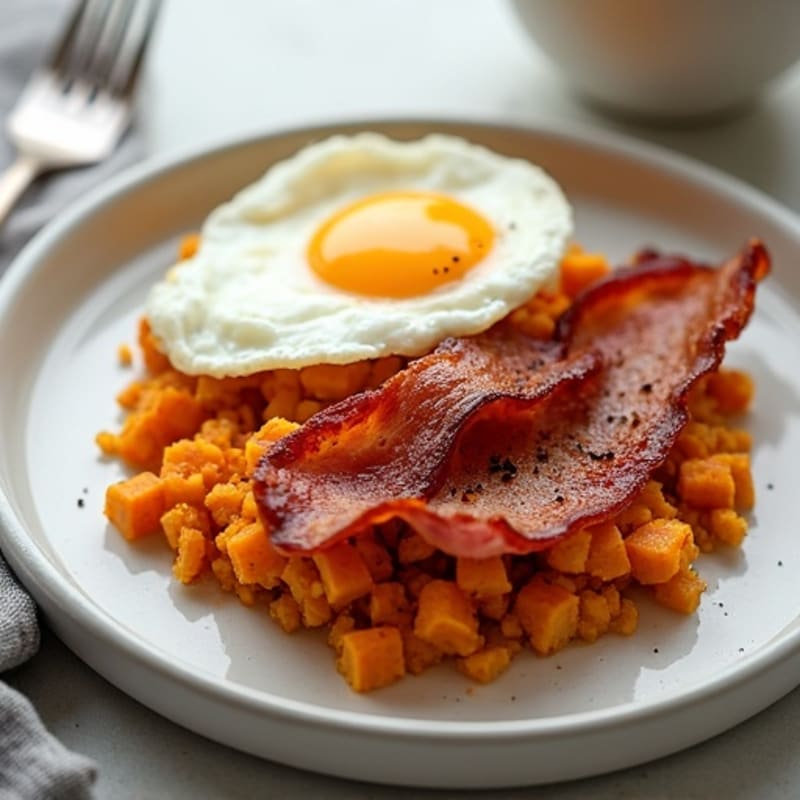 Crispy Turkey Bacon and Sweet Potato Hash with Scrambled Egg