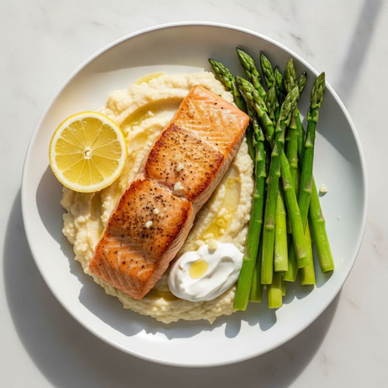 Seared Salmon with Steamed Asparagus and Cauliflower Mash