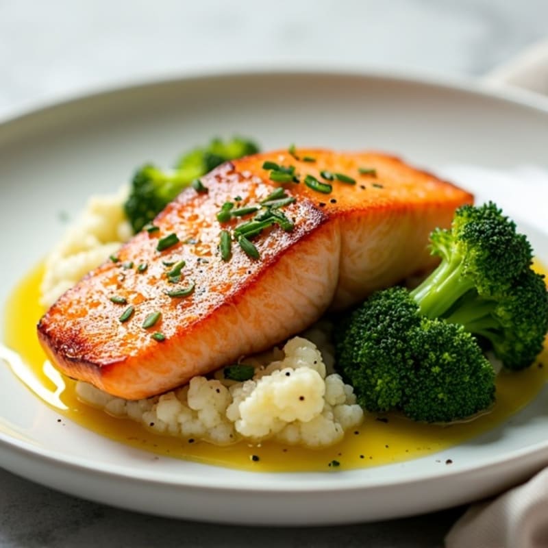 Seared Salmon Fillet with Steamed Broccoli and Garlic Cauliflower Mash