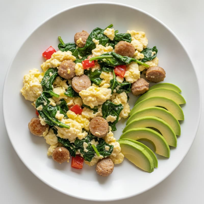 Egg White Scramble with Turkey Sausage and Sautéed Spinach