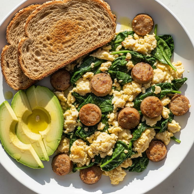 Egg White Scramble with Turkey Sausage and Sautéed Spinach