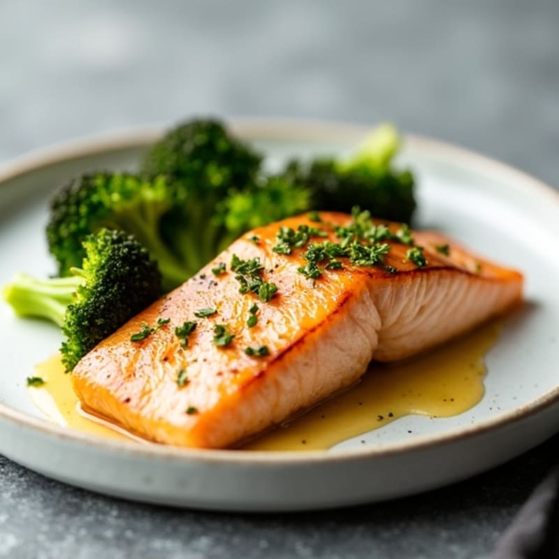 Seared Salmon with Roasted Broccoli and Garlic Butter