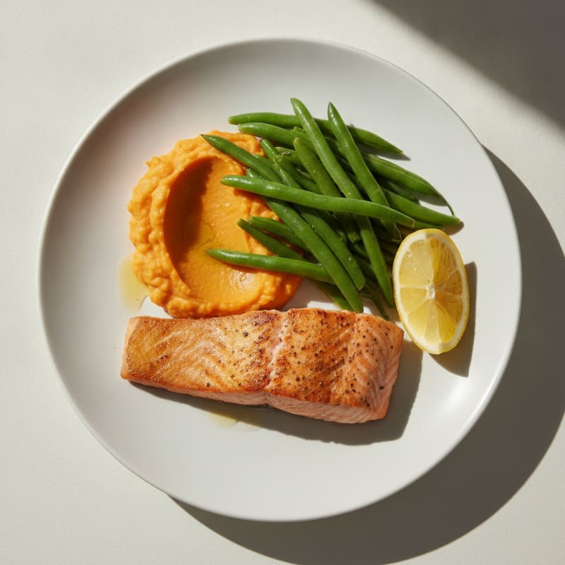 Seared Salmon with Steamed Green Beans and Sweet Potato Mash