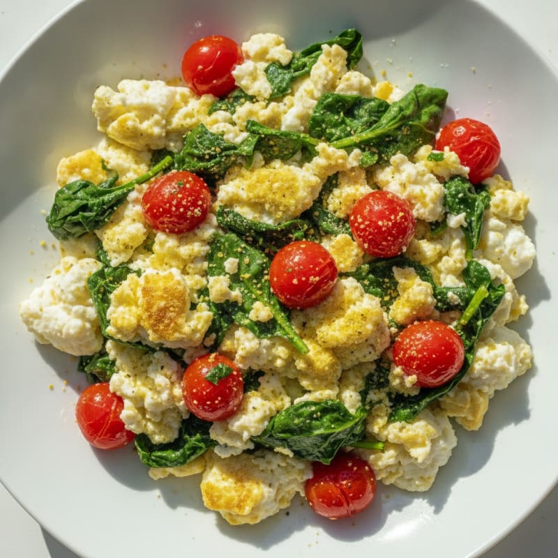 Egg White Spinach Scramble with Cherry Tomatoes