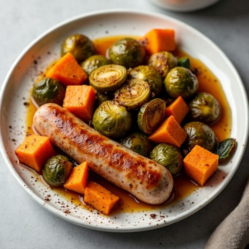 Sheet Pan Chicken Sausage with Crispy Brussels Sprouts and Sweet Potatoes