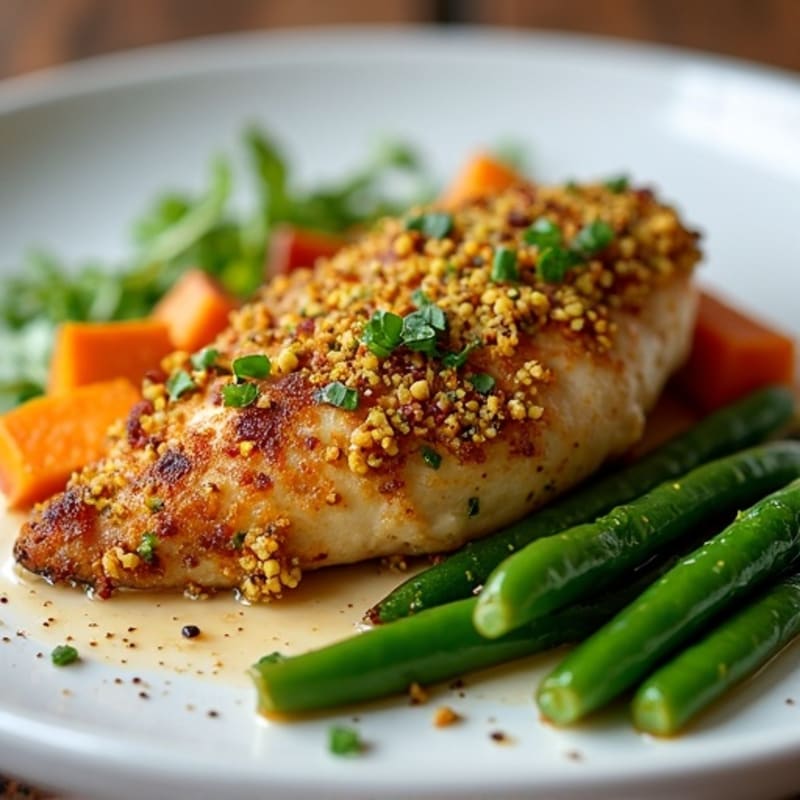 Crispy Pistachio-Crusted Chicken with Roasted Sweet Potatoes and Fresh Green Beans
