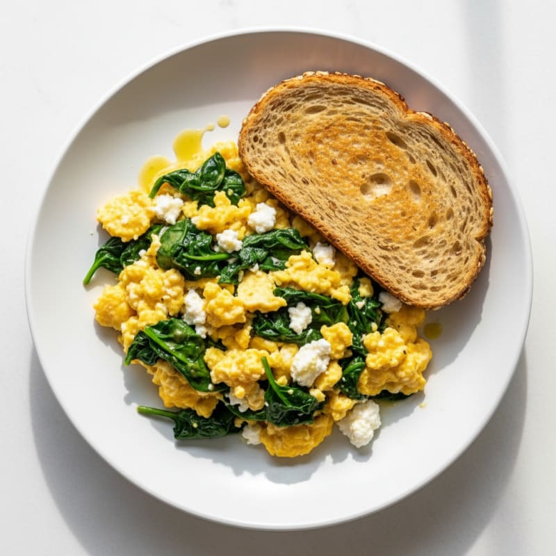 Scrambled Eggs with Cottage Cheese and Sautéed Spinach