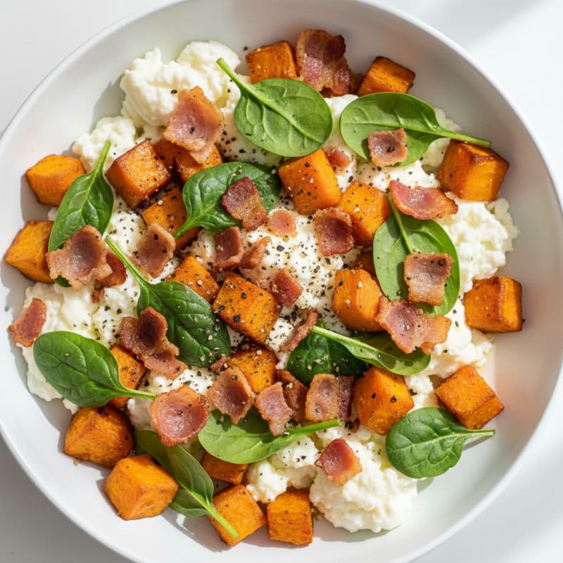 Crispy Turkey Bacon and Egg White Breakfast Bowl with Roasted Sweet Potato