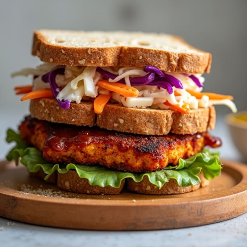 Crispy Smoky BBQ Tempeh Sandwich with Crunchy Slaw