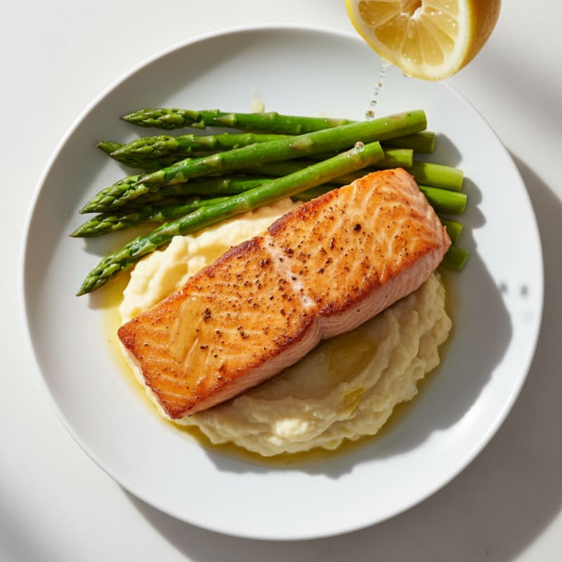 Seared Salmon with Steamed Asparagus and Cauliflower Mash