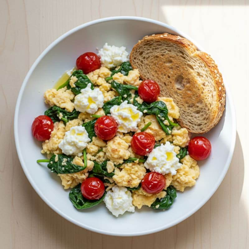 Cottage Cheese Scramble with Spinach and Cherry Tomatoes