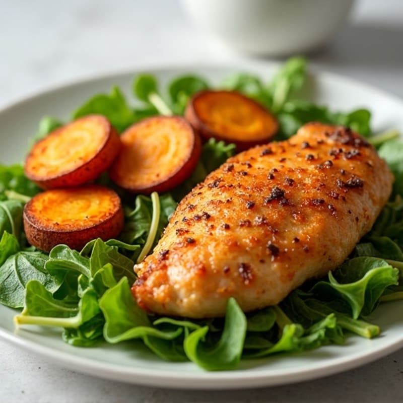Crispy Baked Chicken with Sweet Potato Rounds and Fresh Greens