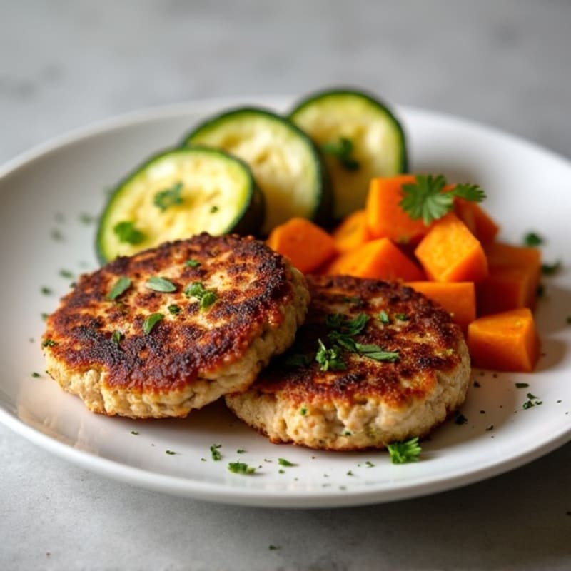 Seared Turkey Patties with Roasted Zucchini and Sweet Potato